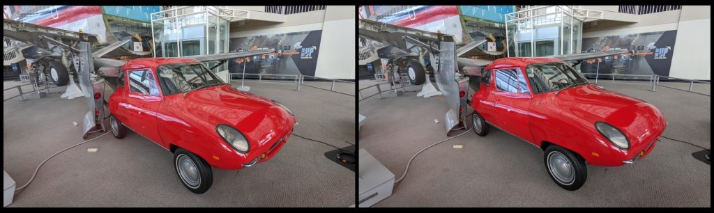 A stereo (3D) photo of a flying car with left and right images side-by-side