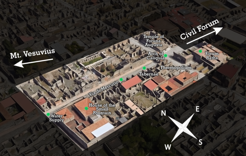 A Pompeii city map orienting to ordinal direction, along with pointing out the way to Mount Vesuvius and the Civil Forum. The map is marked with the Forum Baths, the Temple of Foruna Augusta, the Arch of Caligula, the Thermopolium, the Tabernae, Via di Mercurio (road), House of the Small Fountain, and the Water Supply.