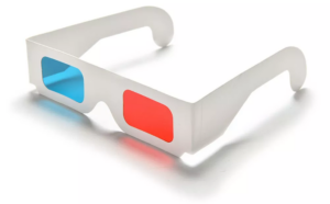 A stiff paper frame with colored lenses, one blue and one red, used to allow each eye to see a different view in order to simulate a 3d view from a 2d image