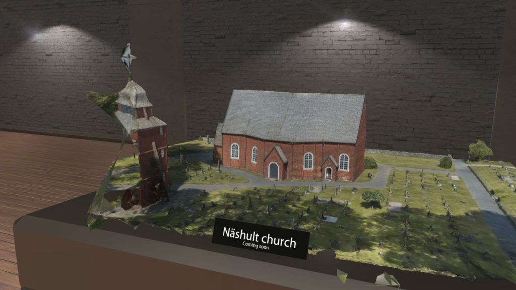 Table-top church model captioned "Näshult Church, Coming soon"
