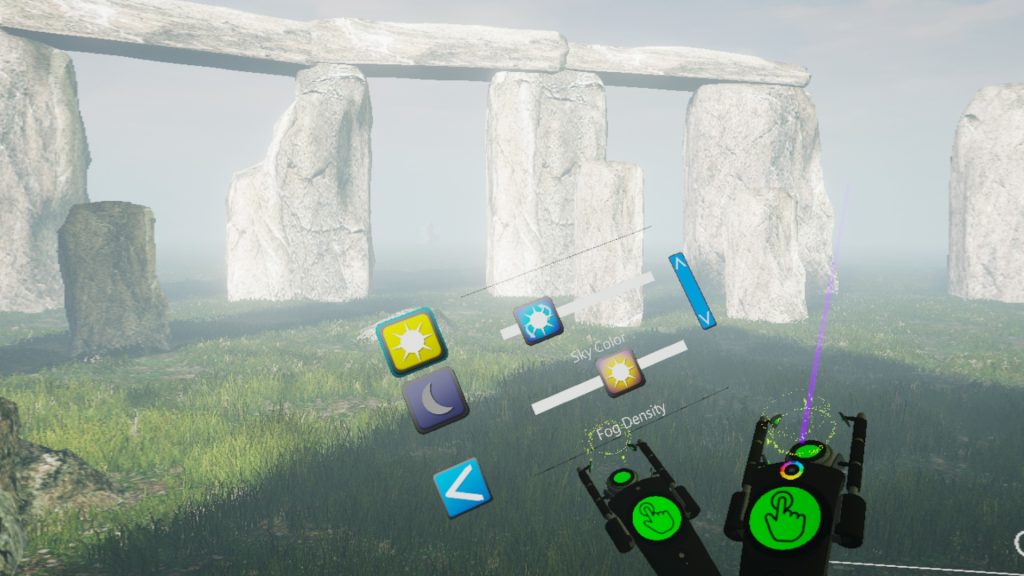 Stonehenge with controllers and buttons and sliders in the foreground for adjusting sky color and fog density