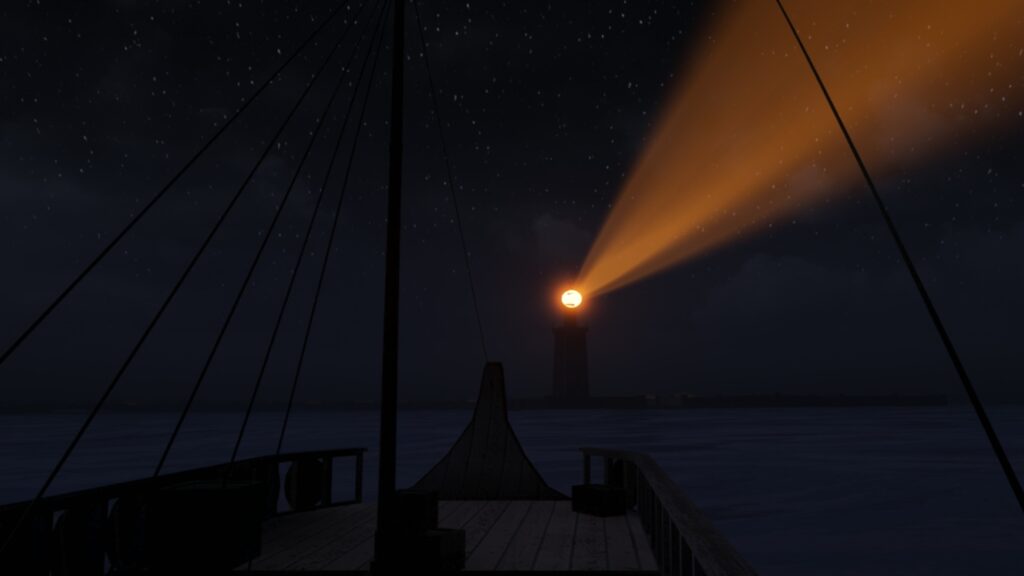 The bow of a ship is ahead of the player. On the horizon is a lighthouse with light streaming out