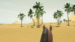 The head of a horse in front of the player/rider with palm trees and pyramids ahead