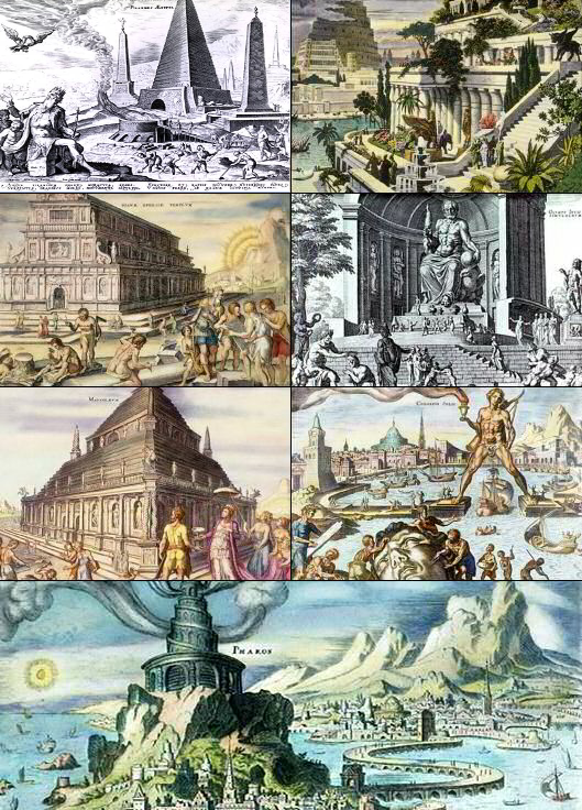 Seven panels depicting the wonders of the ancient world