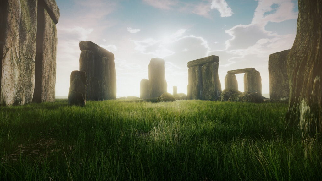 Stonehenge with a low sun behind it
