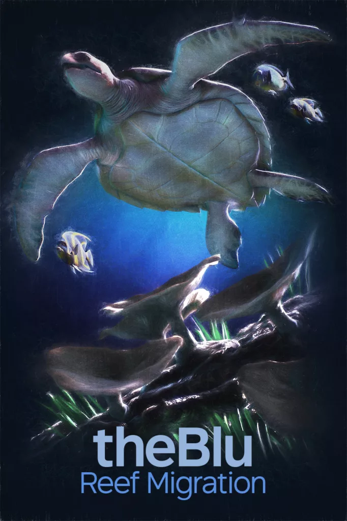 An image of a sea turtle with text that reads:
theBlu
Reef Migration