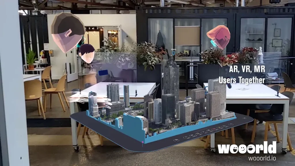 A floating cityscape overlaid on an office scene with three avatar heads floating above the city