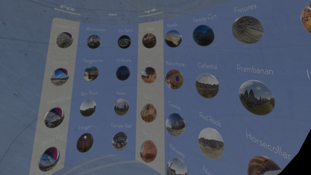 Spheres of location thumbnails appear in rows and columns around you in Blueplanet VR