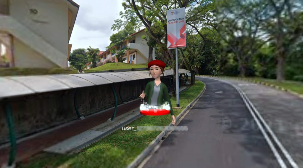 A road and covered sidewalk from a mapped photo sphere with the avatar of a contact in the middle.