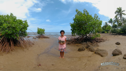 A young woman stands on a beach holding two unidentified items