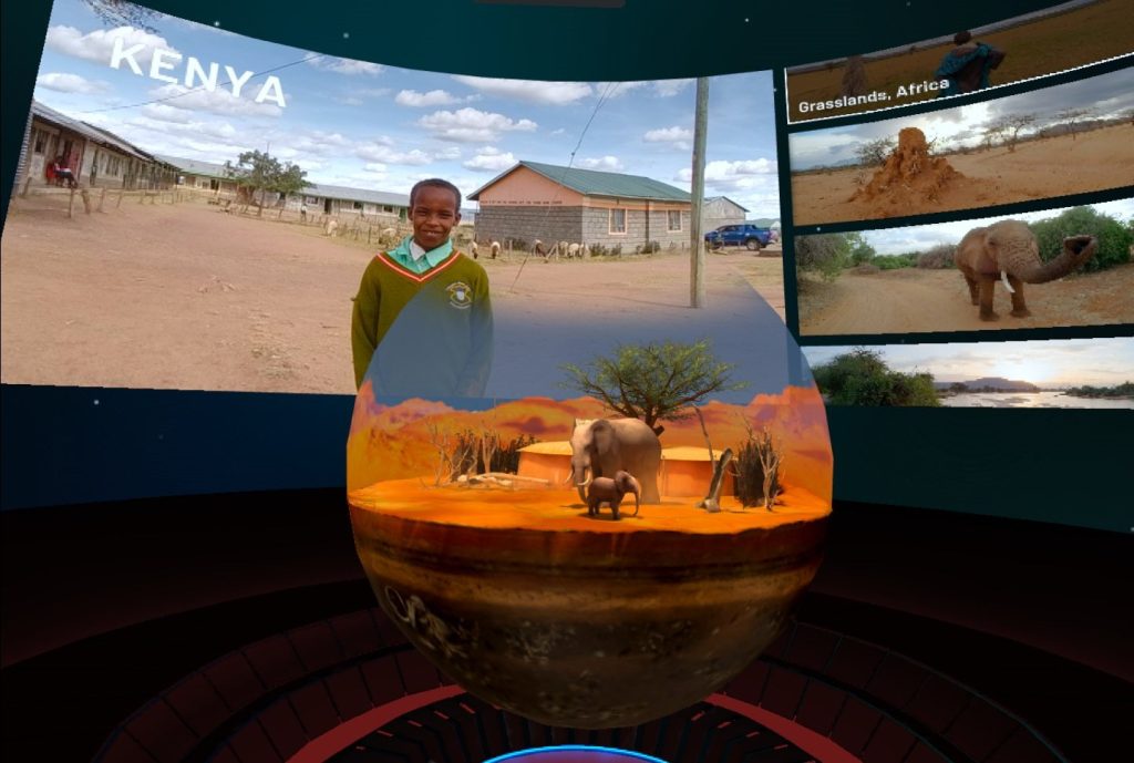 A sphere with elephants in front of screens with still images. One with "Kenya" and another with "Grasslands, Africa" superimposed.