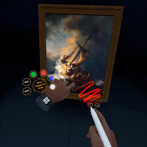 Painting in the background with a left hand wearing a wristwatch with drawing options and the right hand holding a pen leaving a mark in the air.