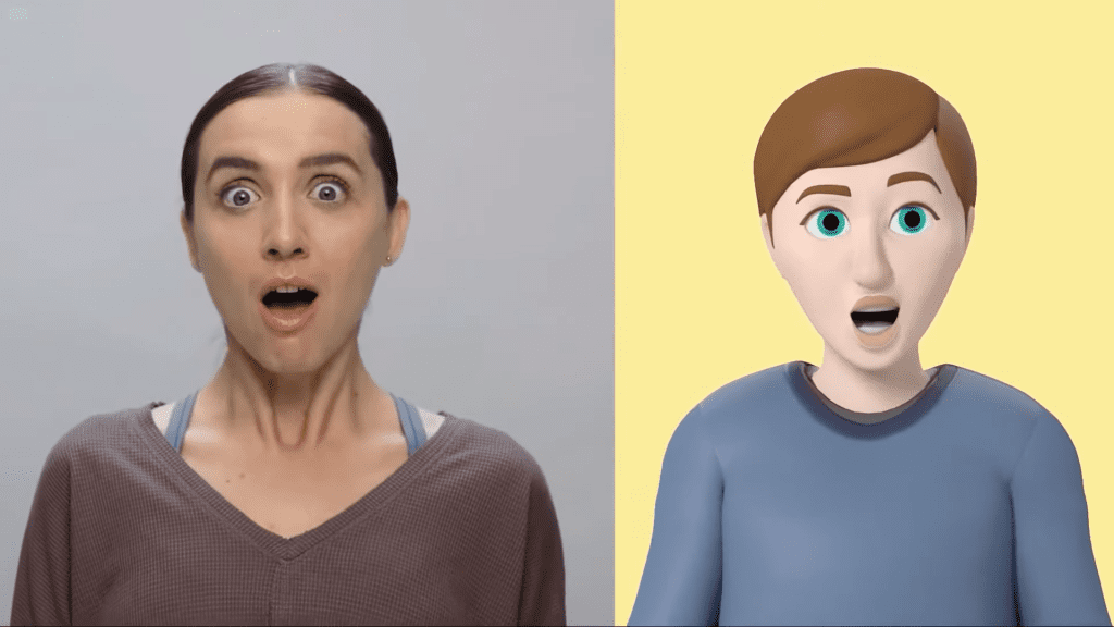an image of a person with a surprised expression on the right. a digitally rendered avatar on the right demonstrates the same expression