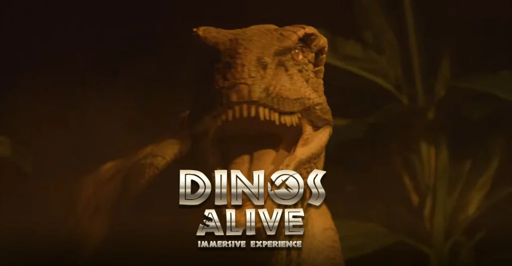 "Dinos Alive Immersive Experience" logo over dinosaur image