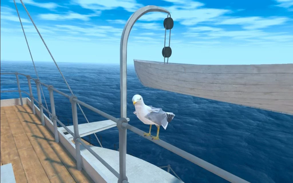 Looking off the edge of the deck with a suspended lifeboat and a seagull on the railing