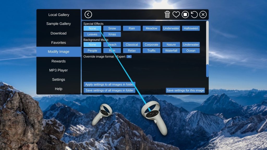 VR controllers pointing at items in the ImmerGallery menu