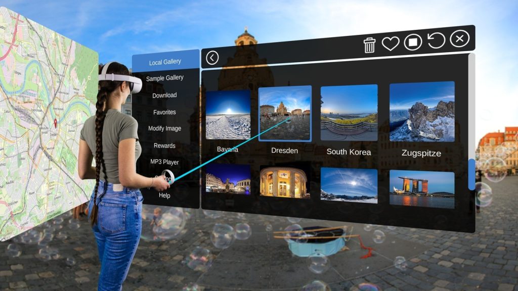 A woman wearing a VR headset interacting with the ImmerGallery menu