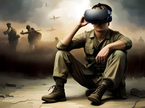 Soldier wearing headset imagining scenes of battle behind him. Generated by Stable Diffusion XL.