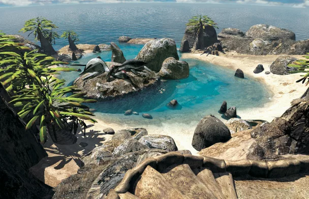 A 3d rendered scene looking at a tidal pool surrounded by rocks with the ocean as the backdrop