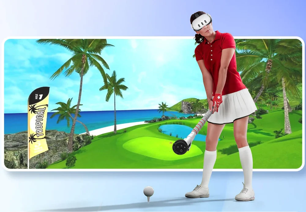A woman wearing a VR headset and swinging a controller with a long handle with a golfing background