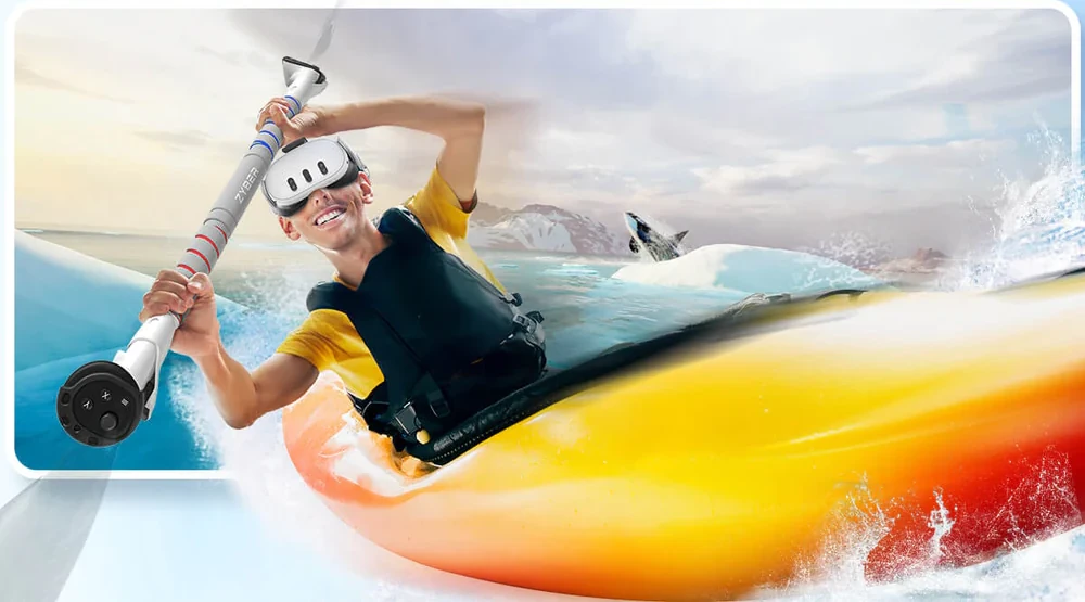 A man sitting in a kayak wearing a VR headset and holding a double-sided controller as the paddle