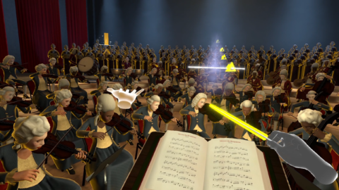 Looking out from the podium across the orchestra with a white glove, a baton, and symbols in the air