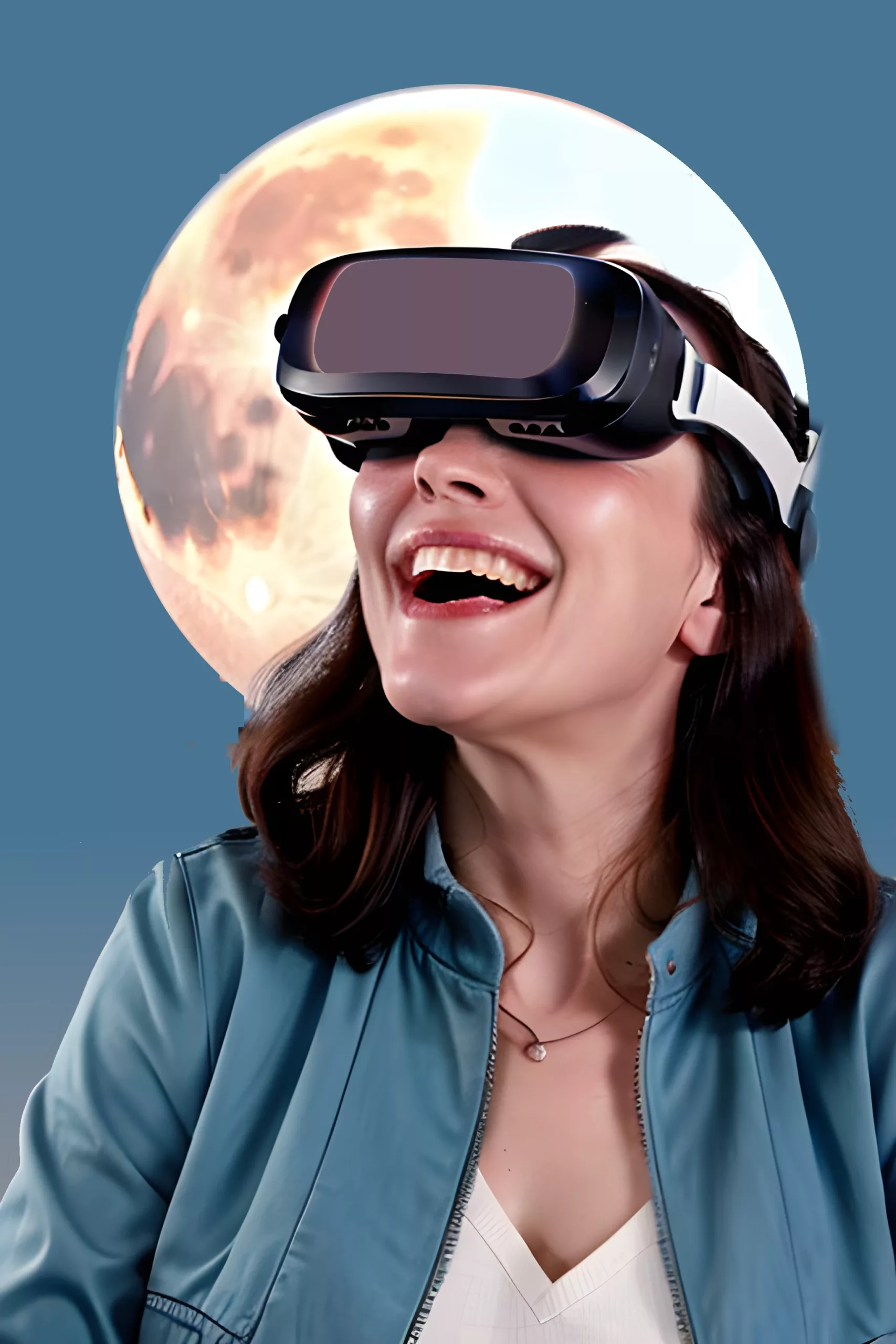 Smiling woman wearing a VR headset in front of the moon